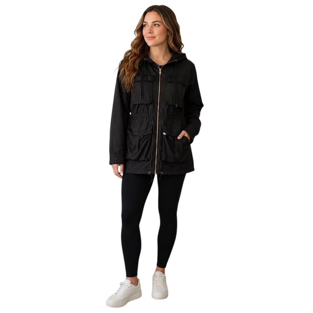 Zara ZW Collection Quilted Water Repellent Jacket Womens Medium Black Gold EUC